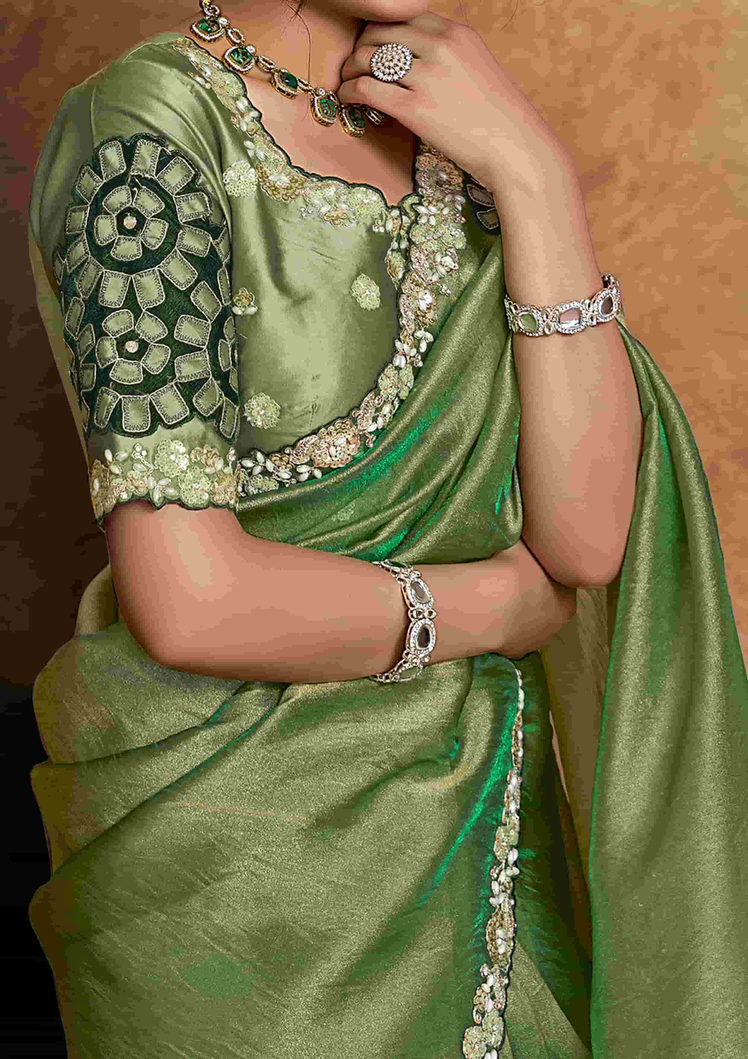 Olive Green Organza Satin Party Wear Saree with Floral Embroidery
