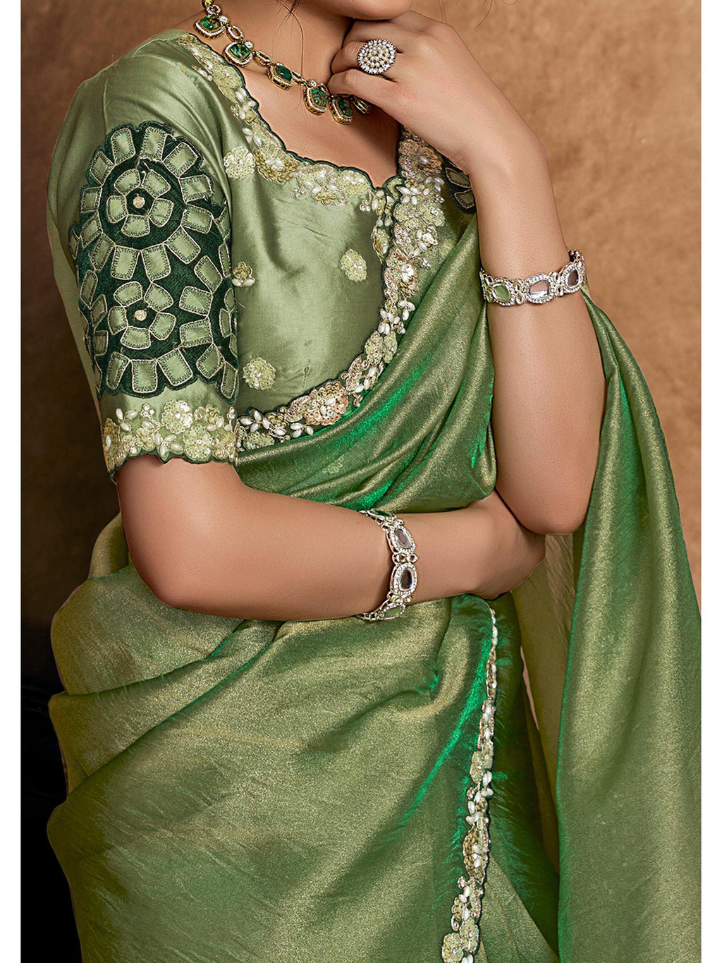 Green Zari Organza Satin Pearl Stone Sequin Work Saree