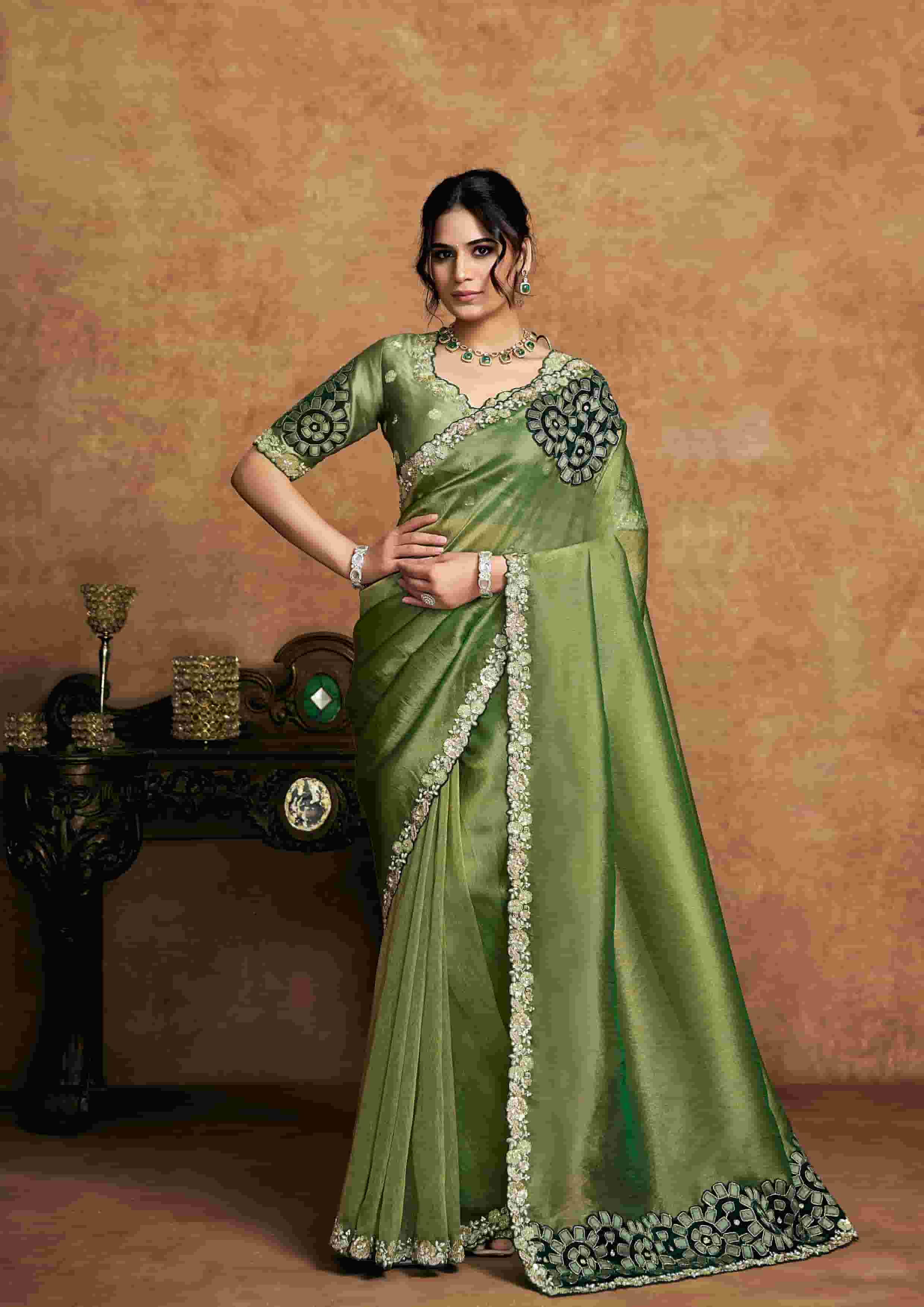 Green Zari Organza Satin Party Wear Saree with Unstitched Blouse