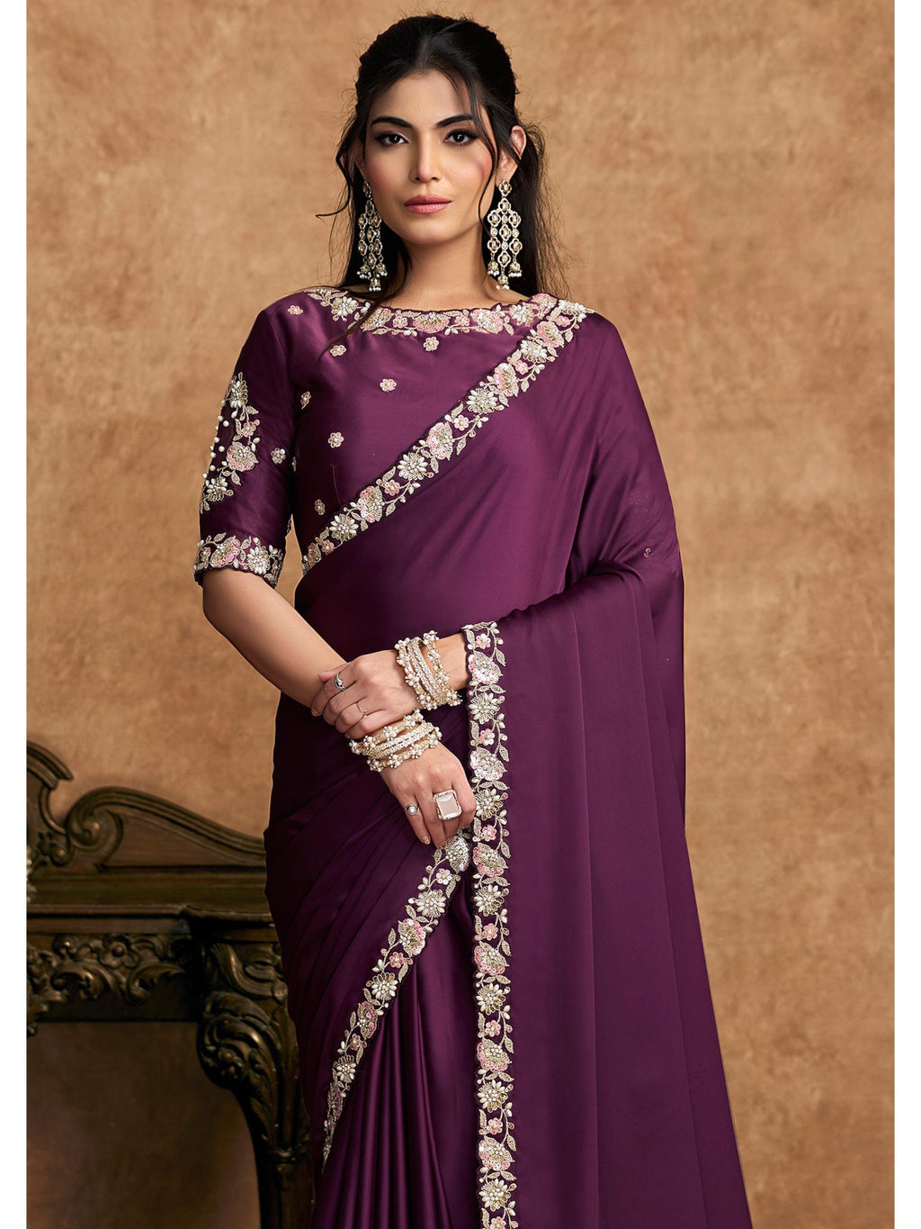 Wine Lustrous Satin Silk Sequin Pearl Stone Work Saree