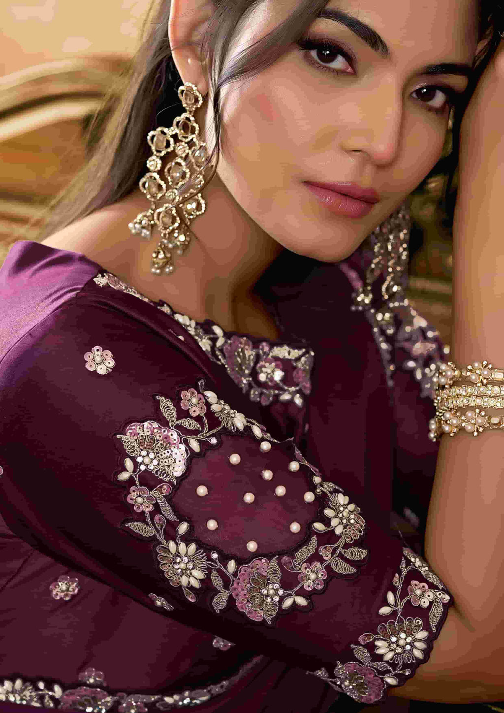 Wine Lustrous Satin Silk Party Wear Saree with Unstitched Blouse