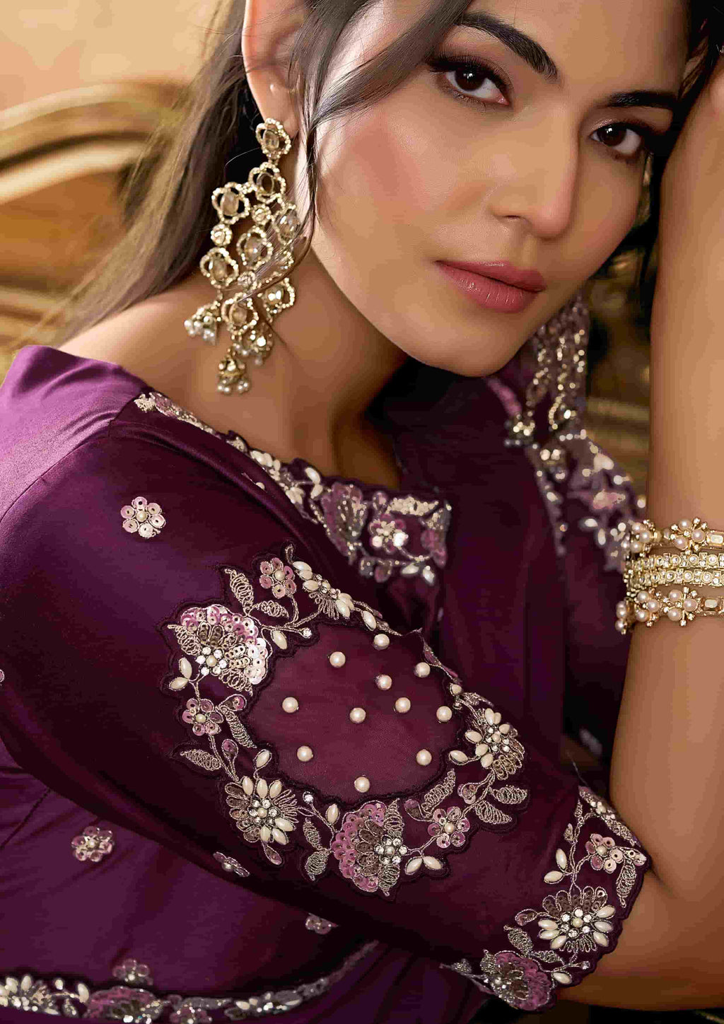Plum Purple Satin Silk Party Wear Saree with Sequin Embroidery