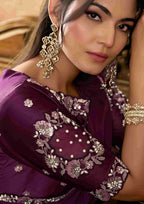 Plum Purple Satin Silk Party Wear Saree with Sequin Embroidery