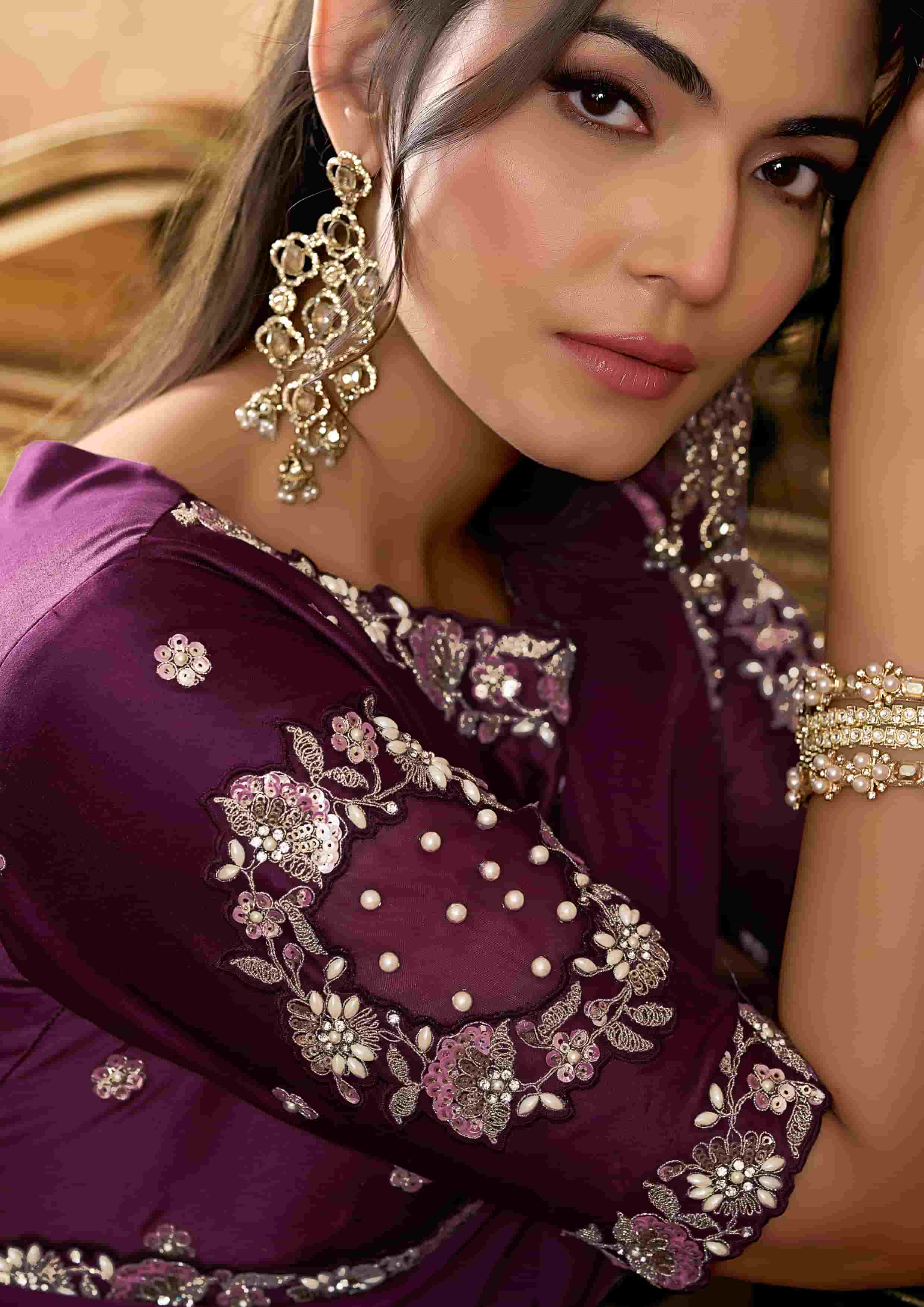 Plum Purple Satin Silk Party Wear Saree with Sequin Embroidery