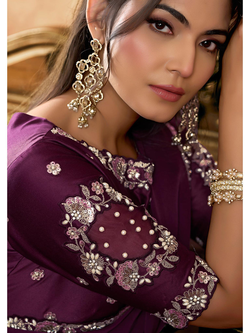 Wine Lustrous Satin Silk Sequin Pearl Stone Work Saree