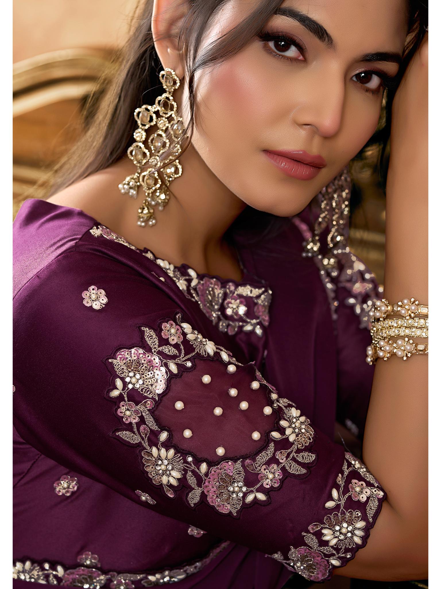 Wine Lustrous Satin Silk Sequin Pearl Stone Work Saree