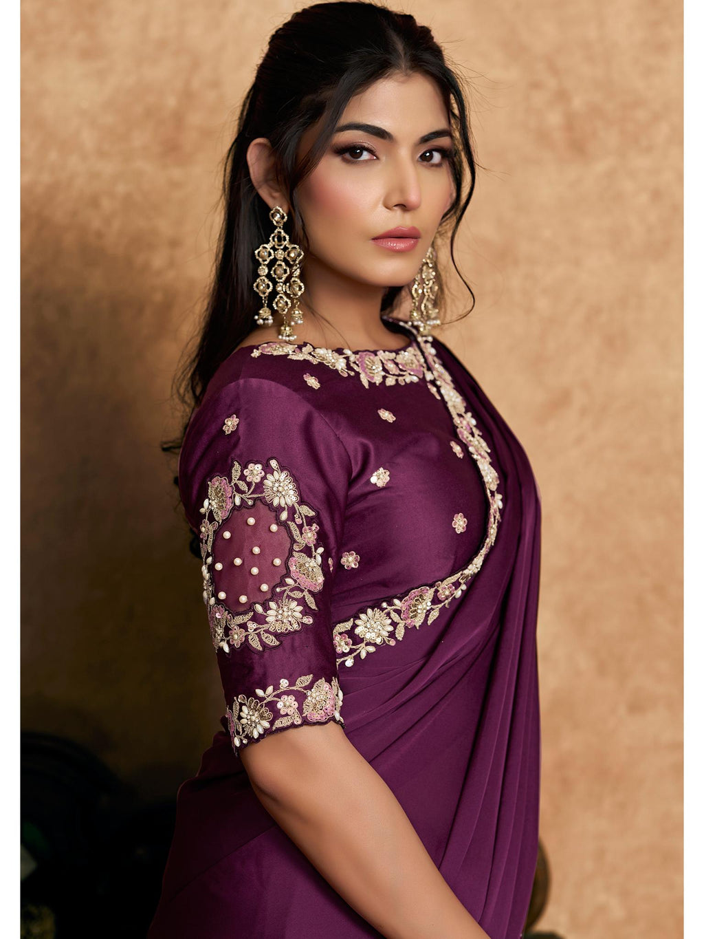 Wine Lustrous Satin Silk Sequin Pearl Stone Work Saree
