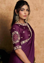 Plum Purple Satin Silk Party Wear Saree with Sequin Embroidery