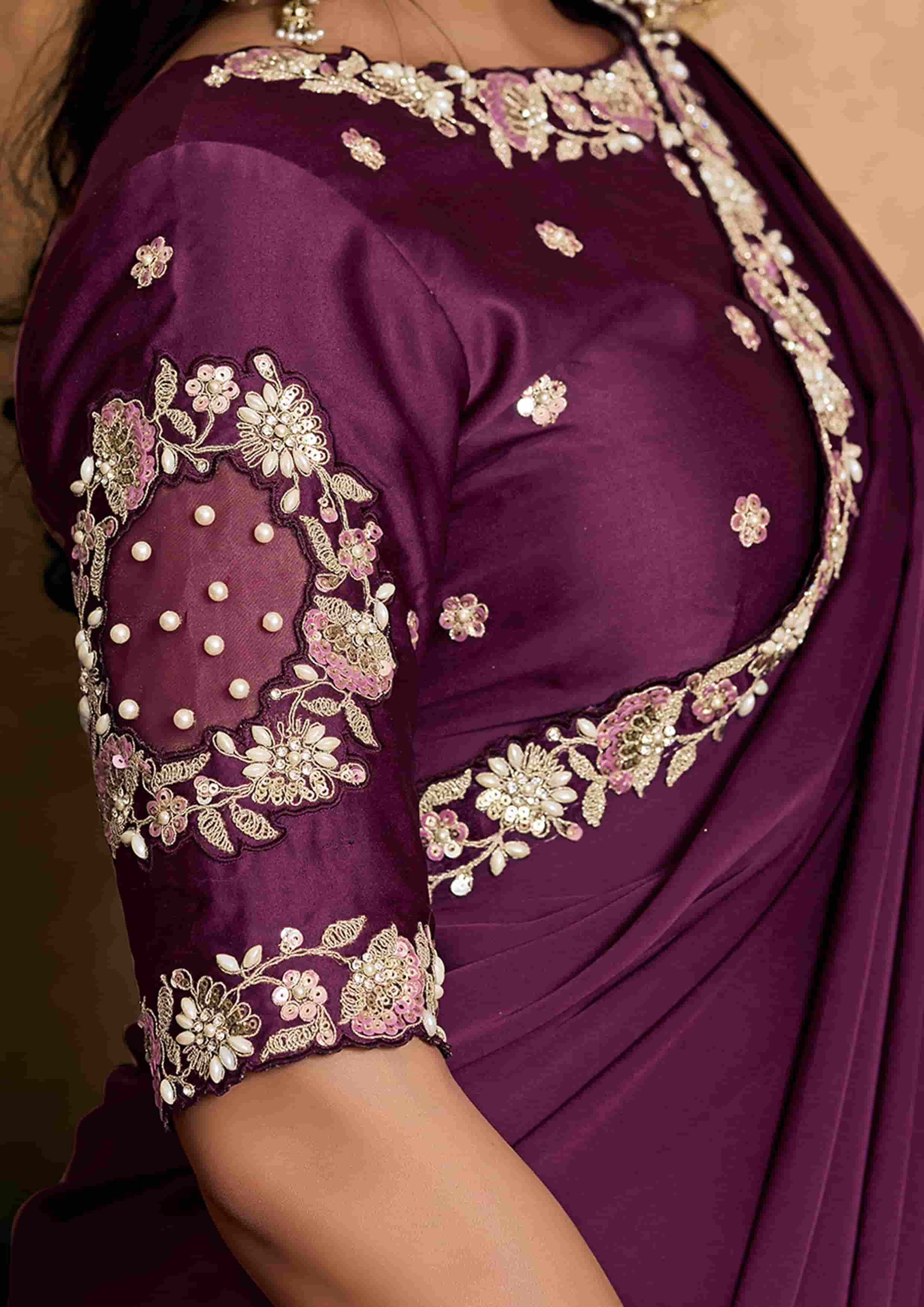 Plum Purple Satin Silk Party Wear Saree with Sequin Embroidery