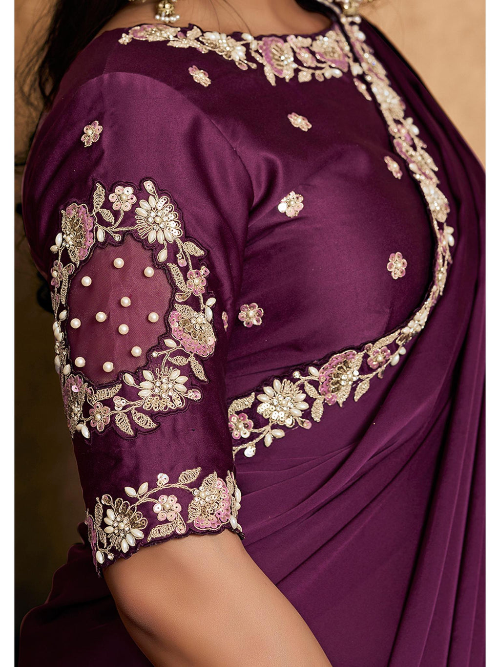 Wine Lustrous Satin Silk Sequin Pearl Stone Work Saree