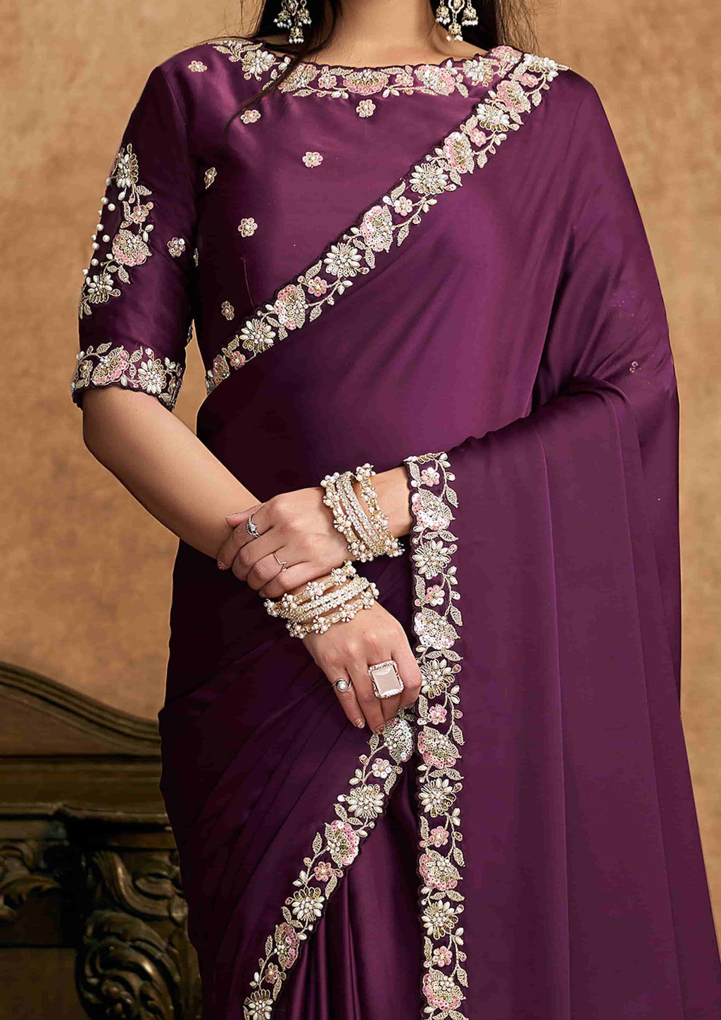 Plum Purple Satin Silk Party Wear Saree with Sequin Embroidery