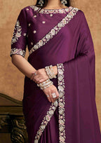 Plum Purple Satin Silk Party Wear Saree with Sequin Embroidery