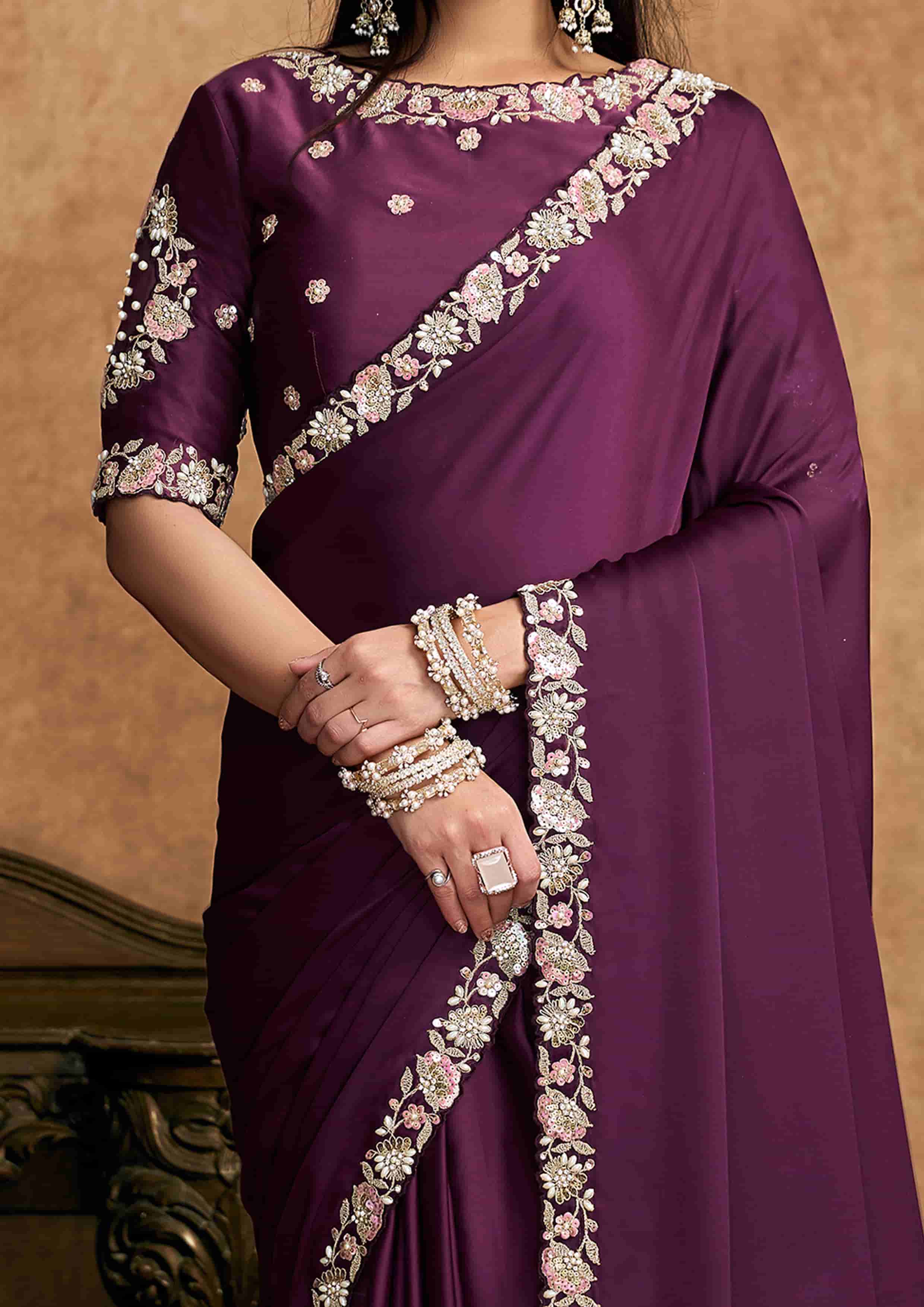 Plum Purple Satin Silk Party Wear Saree with Sequin Embroidery