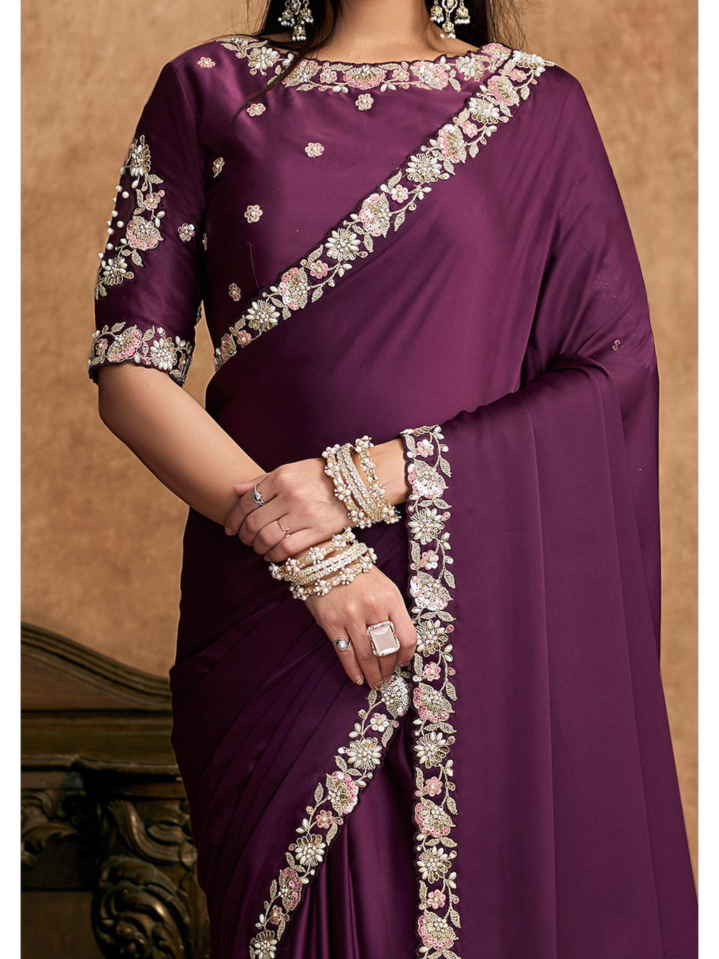 Wine Lustrous Satin Silk Sequin Pearl Stone Work Saree