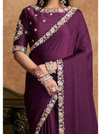 Wine Lustrous Satin Silk Sequin Pearl Stone Work Saree