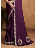 Wine Lustrous Satin Silk Sequin Pearl Stone Work Saree
