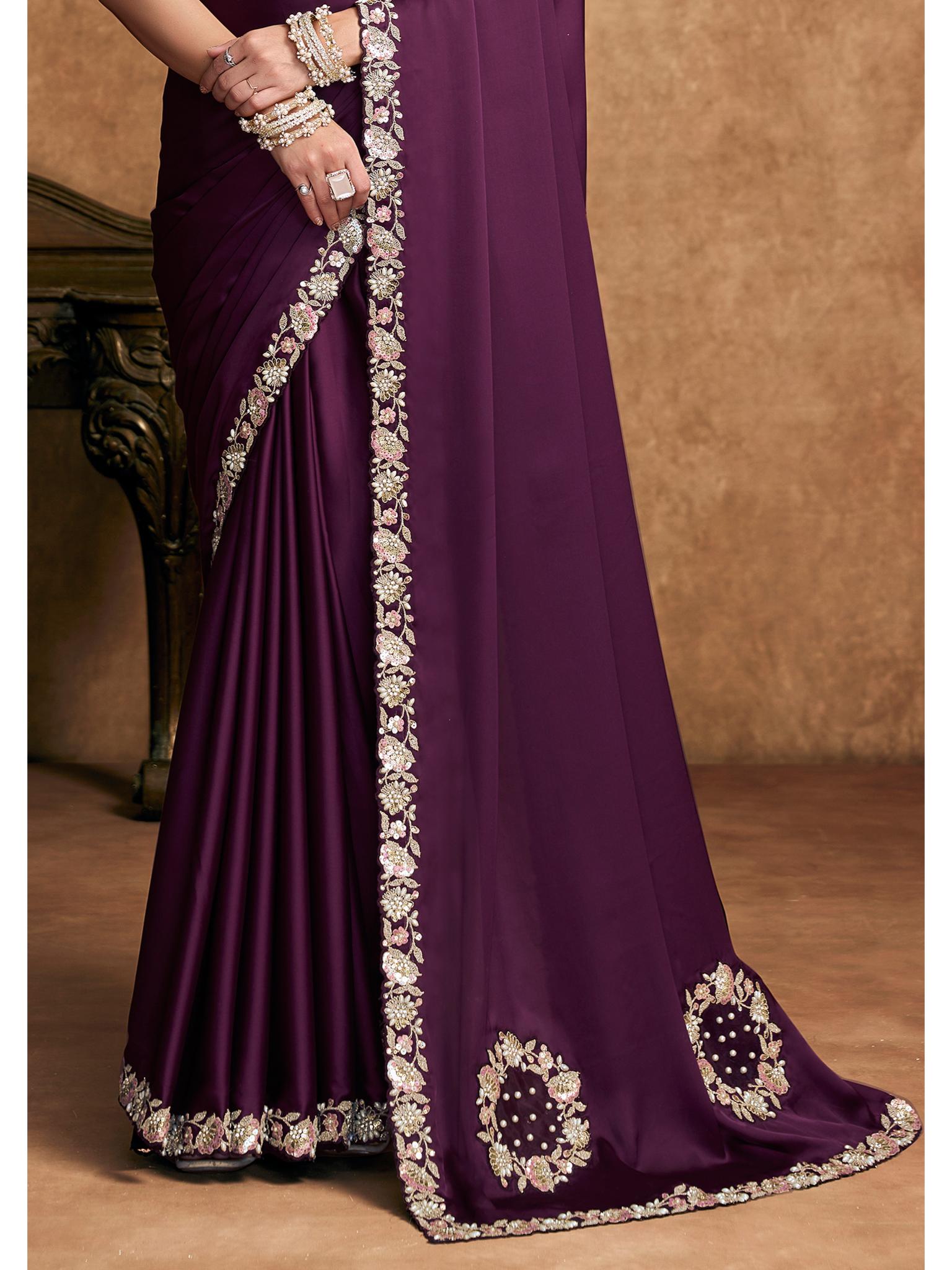 Wine Lustrous Satin Silk Sequin Pearl Stone Work Saree