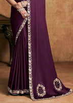 Plum Purple Satin Silk Party Wear Saree with Sequin Embroidery