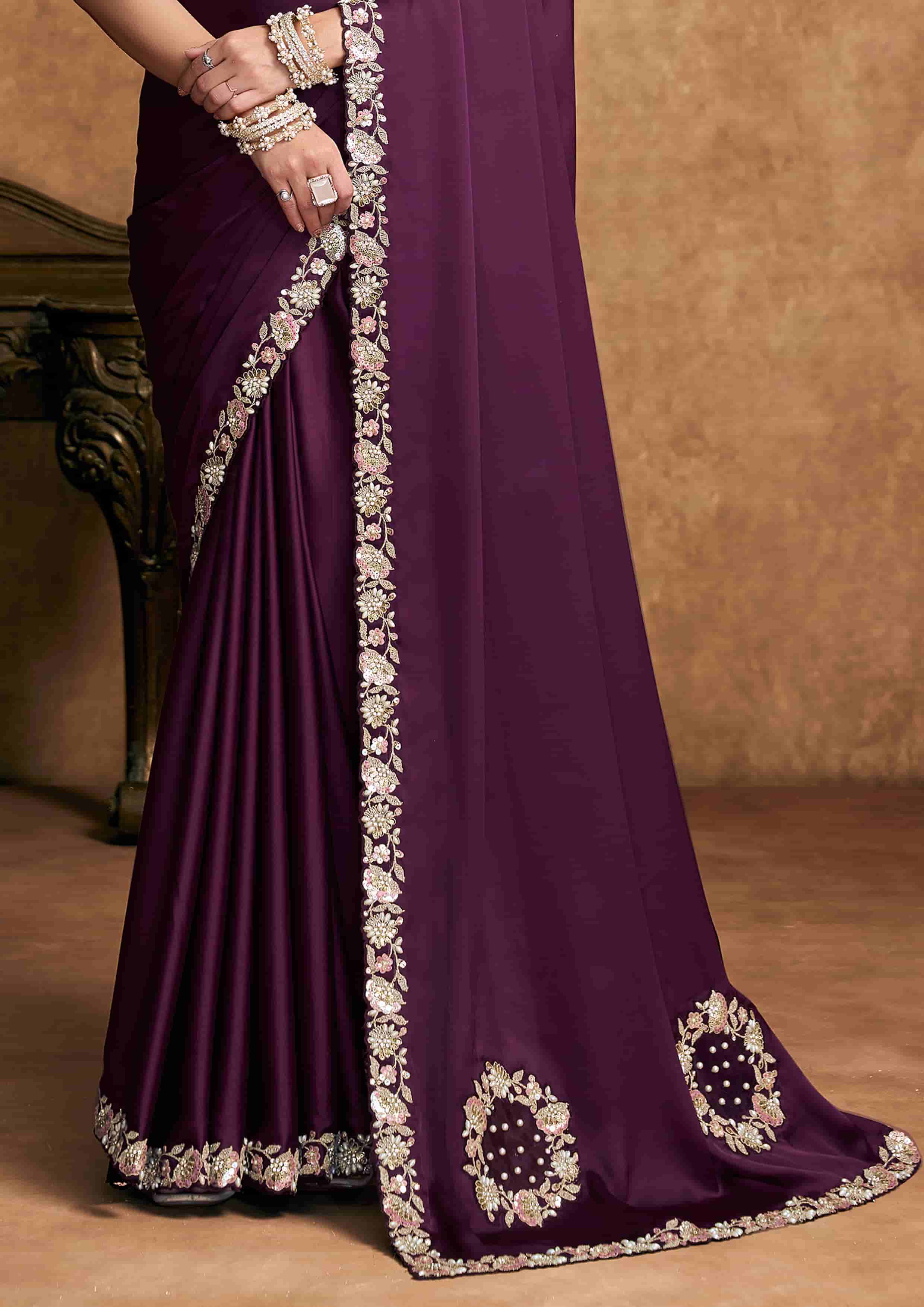Plum Purple Satin Silk Party Wear Saree with Sequin Embroidery