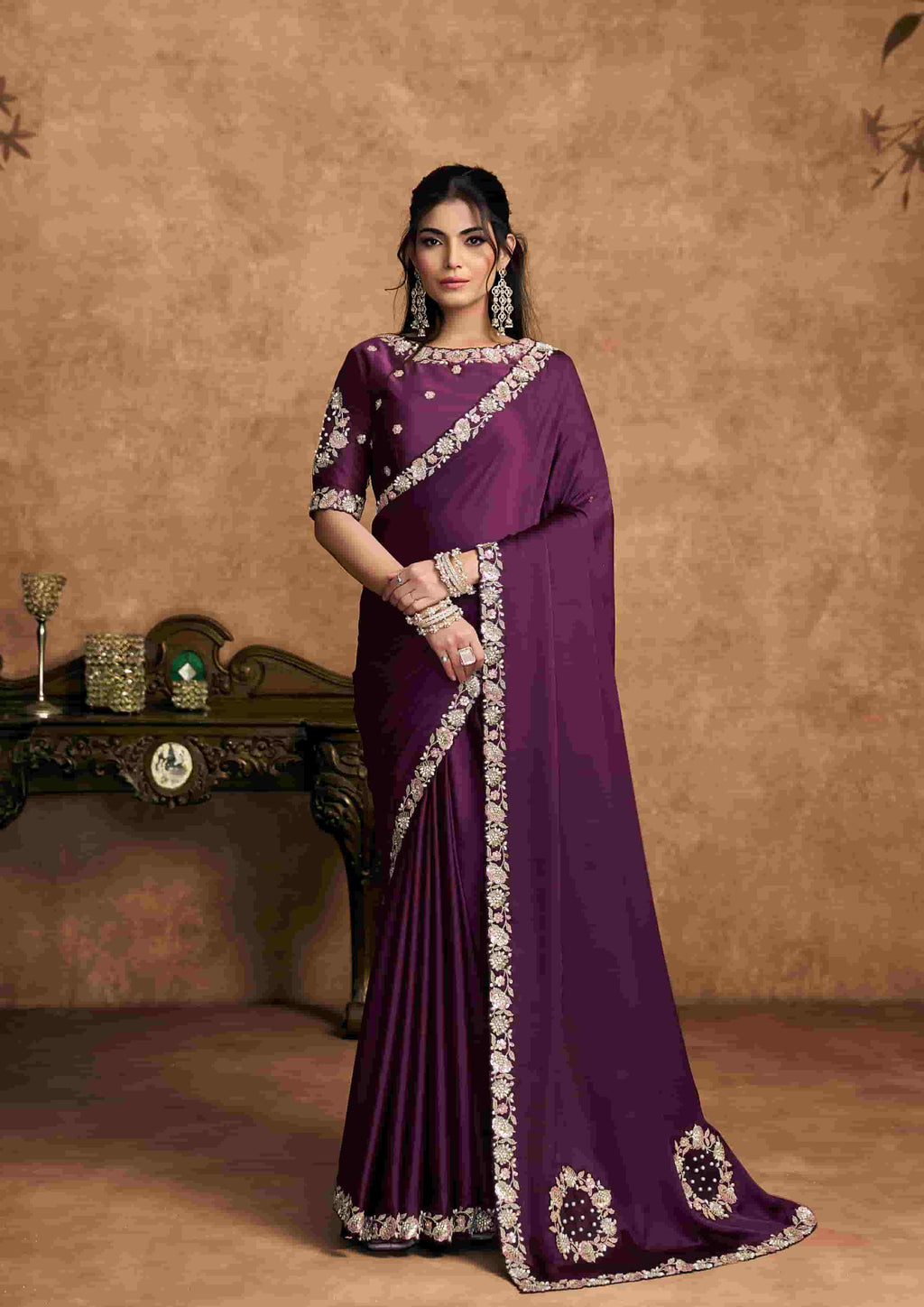 Wine Lustrous Satin Silk Party Wear Saree with Unstitched Blouse