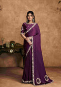 Wine Lustrous Satin Silk Party Wear Saree with Unstitched Blouse