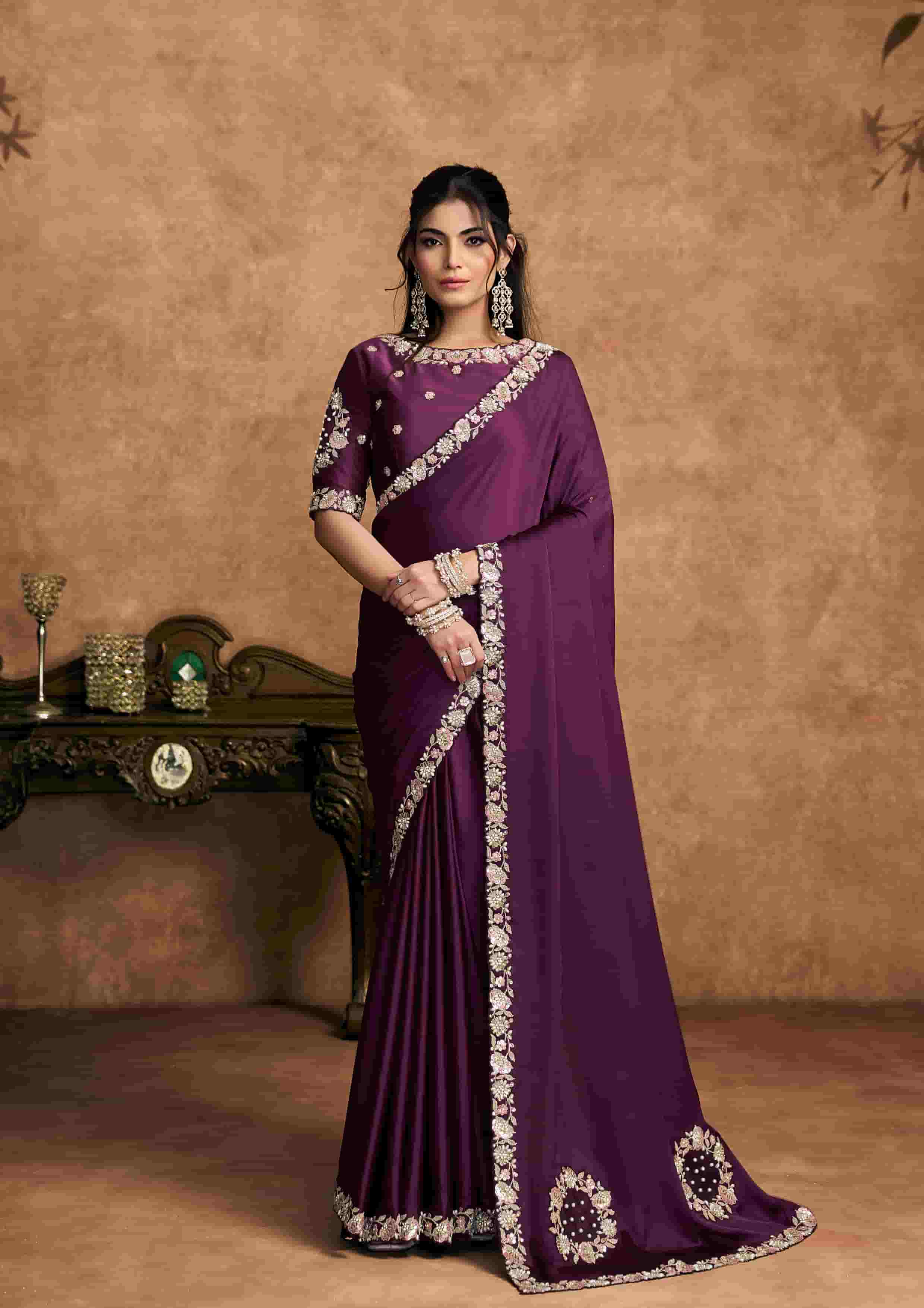 Wine Lustrous Satin Silk Party Wear Saree with Unstitched Blouse