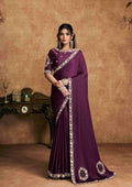 Plum Purple Satin Silk Party Wear Saree with Sequin Embroidery