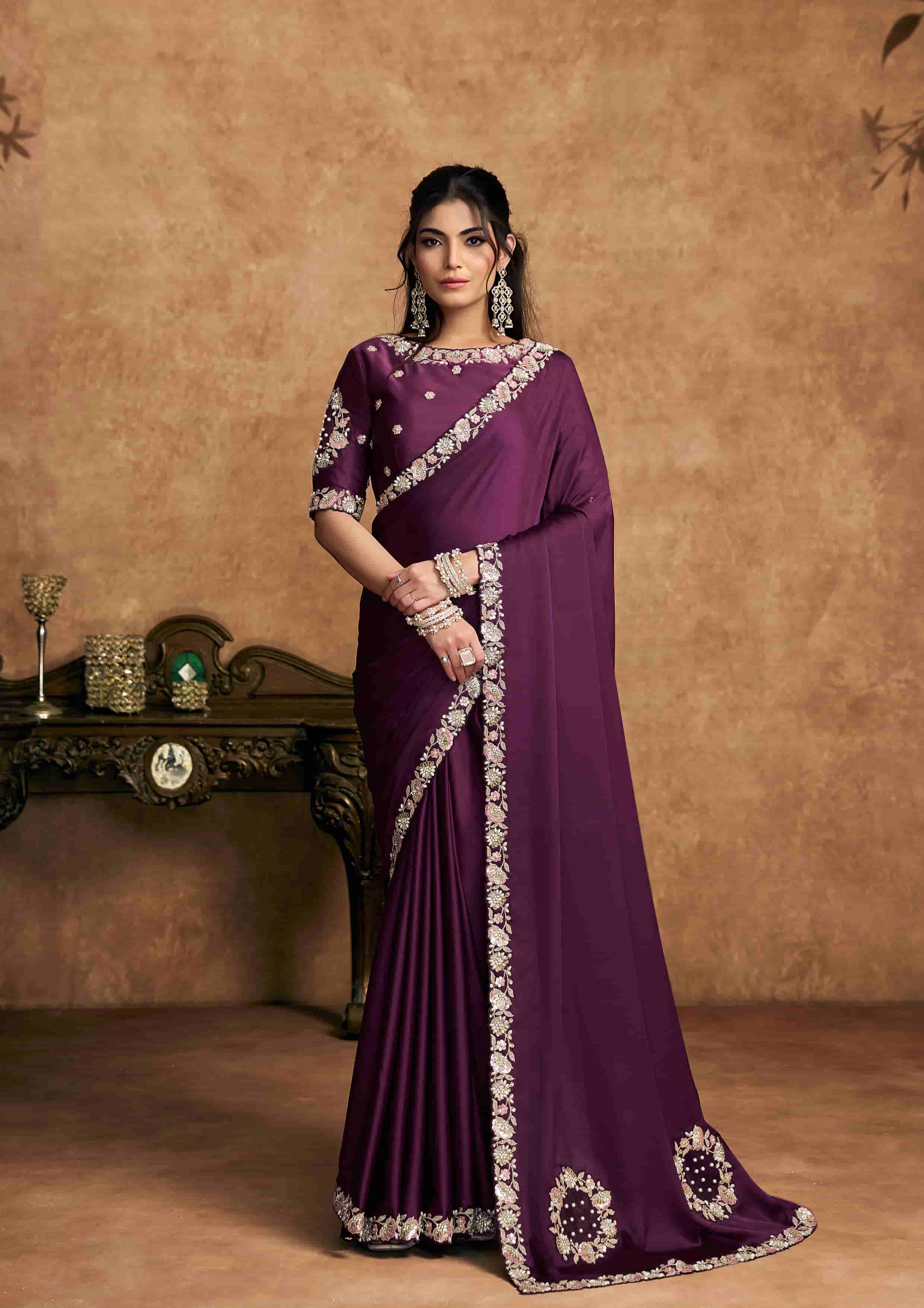 Plum Purple Satin Silk Party Wear Saree with Sequin Embroidery