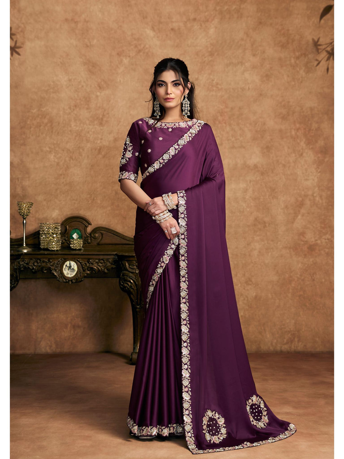 Wine Lustrous Satin Silk Sequin Pearl Stone Work Saree