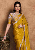Mustard Yellow Crepe Satin Party Wear Saree with Handwork