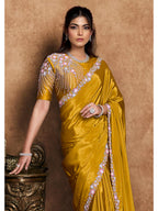 Mustard Pure Crepe Satin Sequin Pearl Handwork Saree