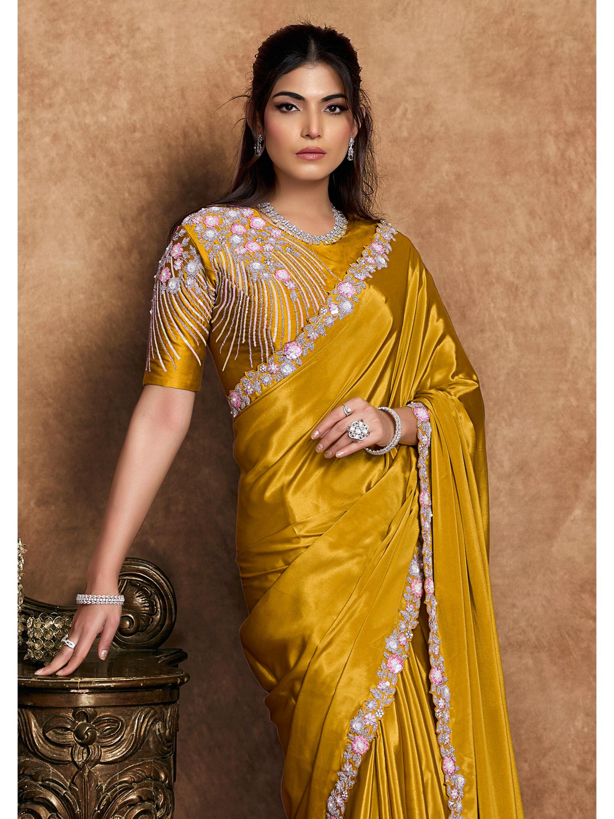 Mustard Pure Crepe Satin Sequin Pearl Handwork Saree