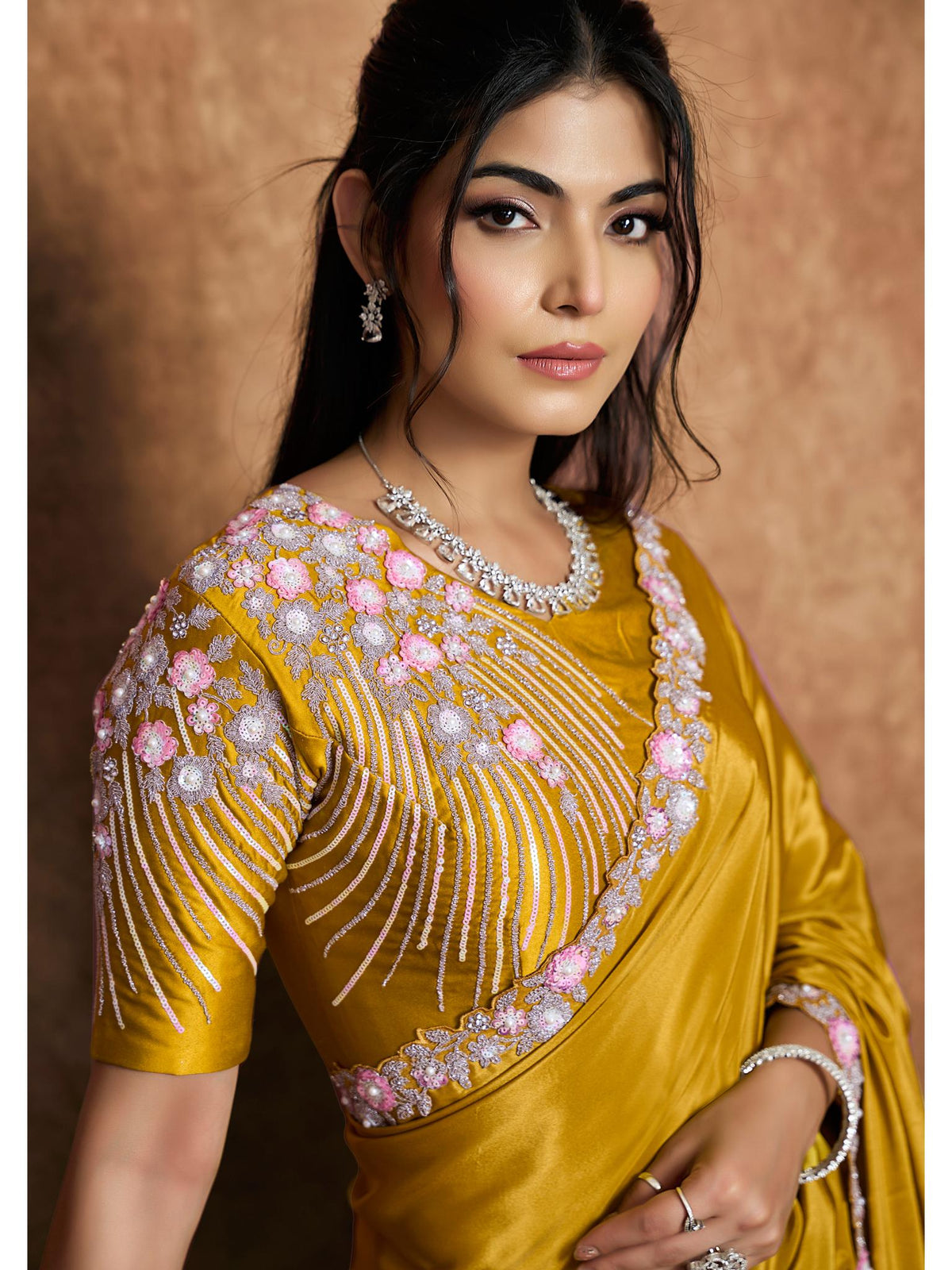 Mustard Pure Crepe Satin Sequin Pearl Handwork Saree