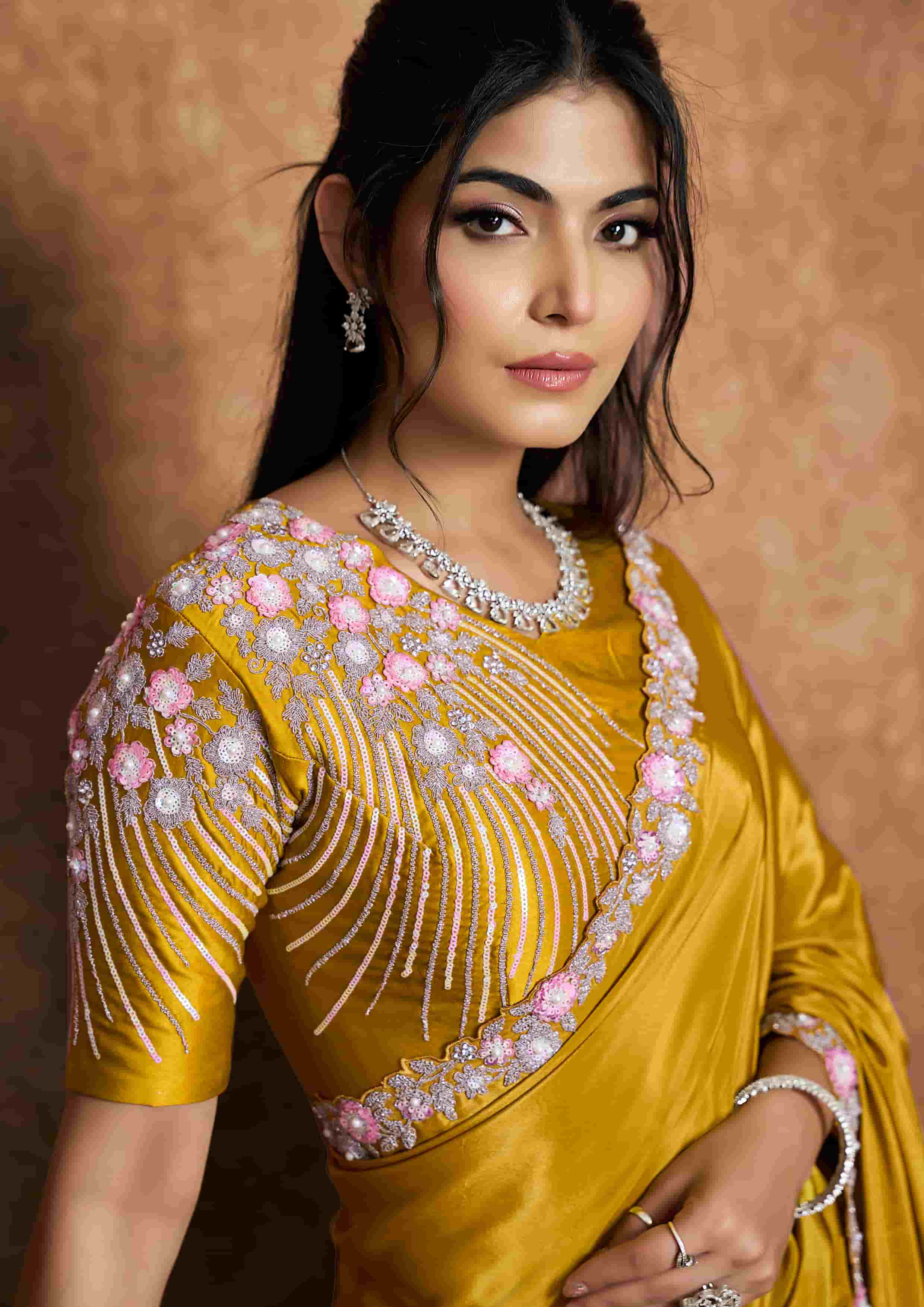 Mustard Yellow Crepe Satin Party Wear Saree with Handwork