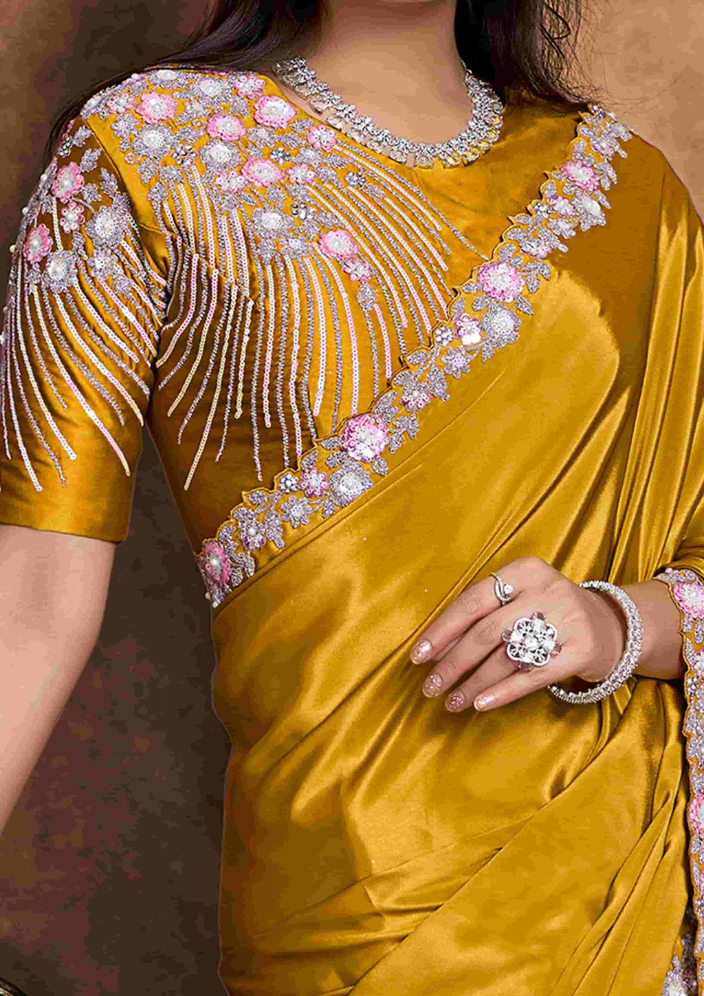 Mustard Yellow Crepe Satin Party Wear Saree with Handwork