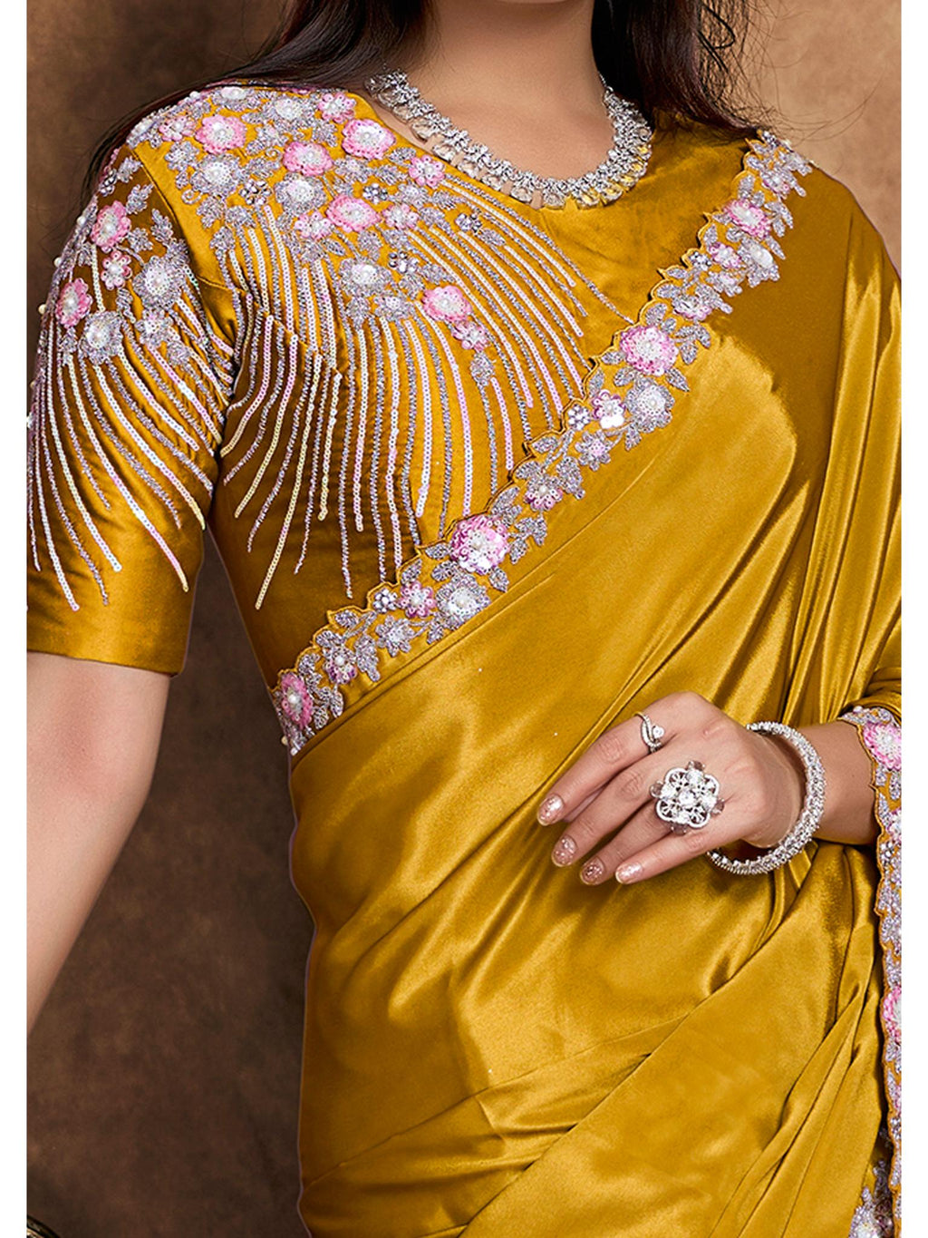 Mustard Pure Crepe Satin Sequin Pearl Handwork Saree