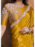 Mustard Pure Crepe Satin Sequin Pearl Handwork Saree
