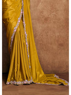 Mustard Pure Crepe Satin Sequin Pearl Handwork Saree