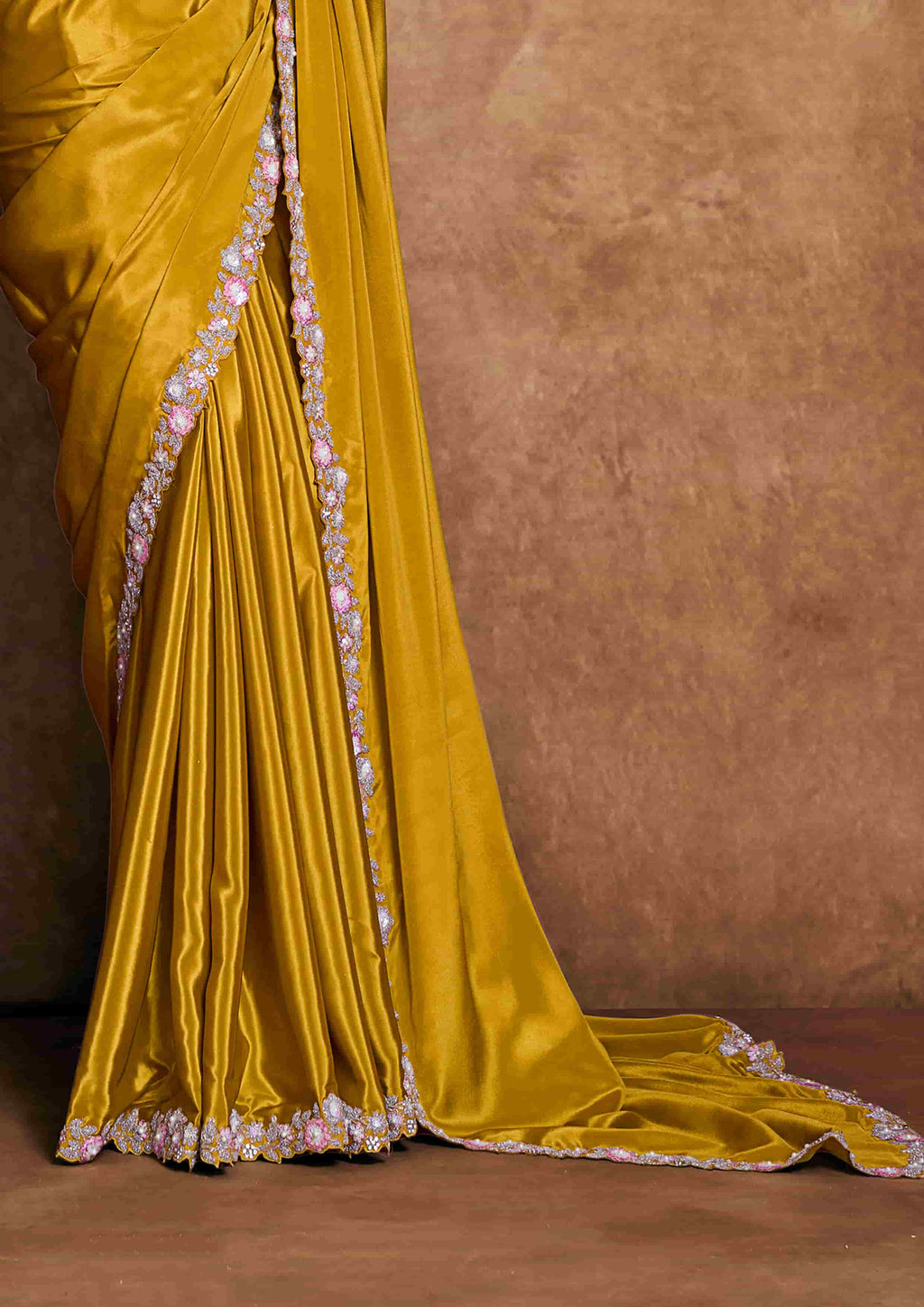 Mustard Yellow Crepe Satin Party Wear Saree with Handwork