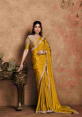 Mustard Pure Crepe Satin Party Wear Saree with Unstitched Blouse