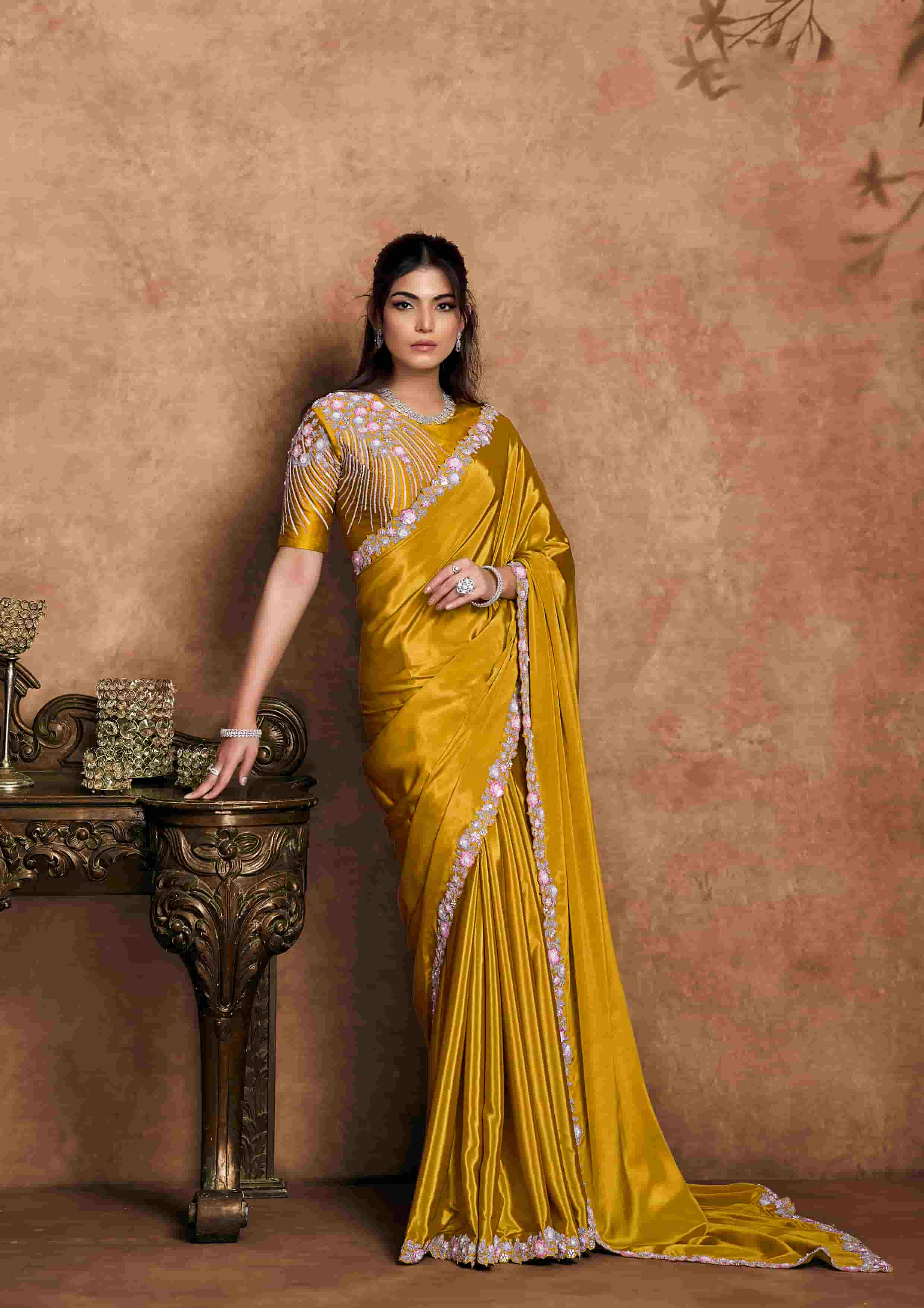 Mustard Pure Crepe Satin Party Wear Saree with Unstitched Blouse