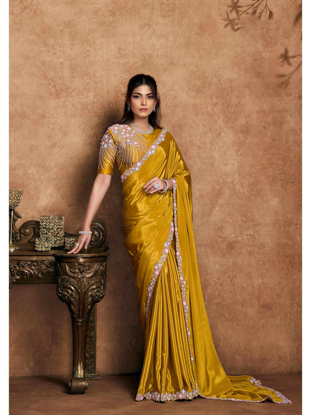 Mustard Pure Crepe Satin Sequin Pearl Handwork Saree