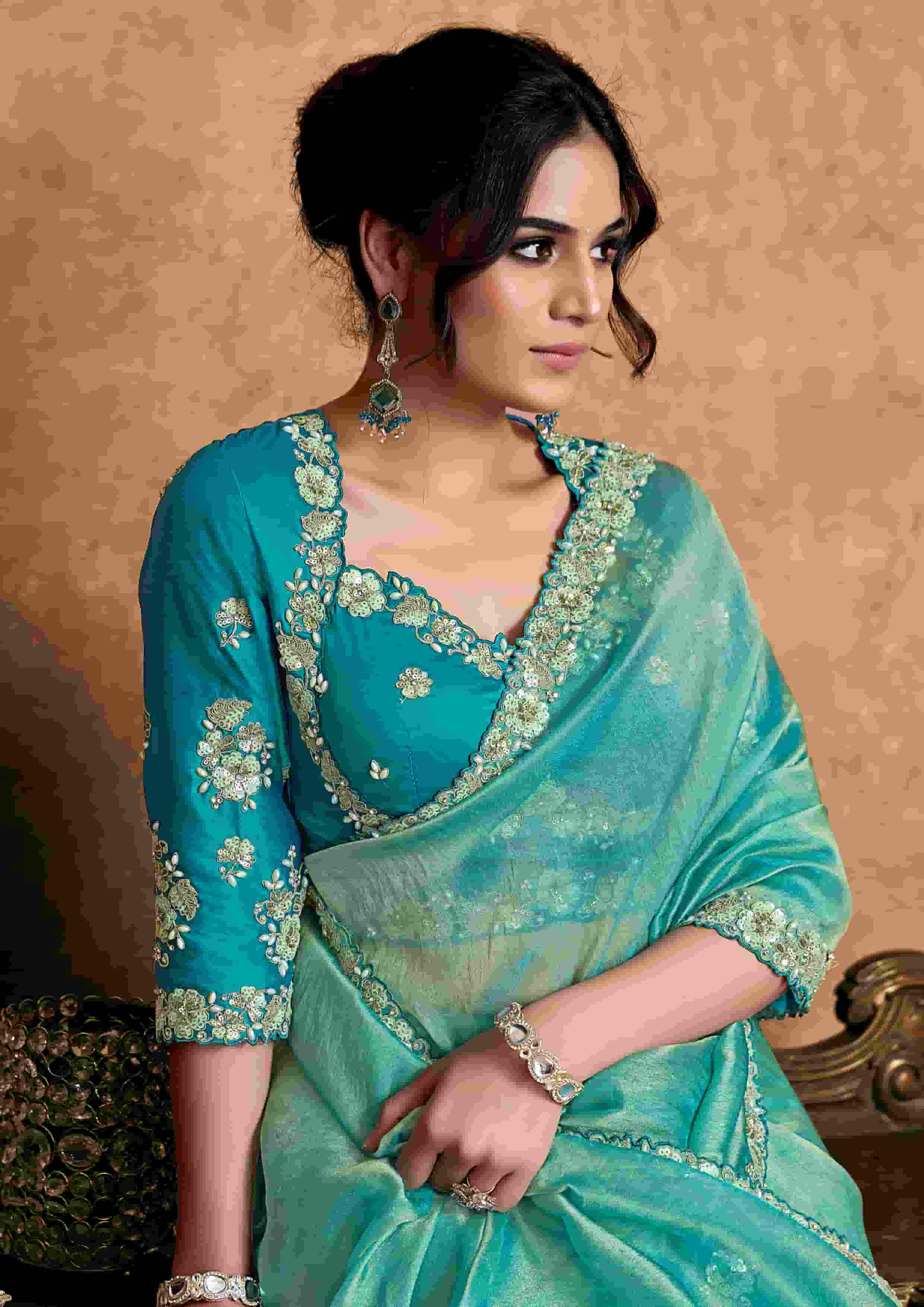 Friroji Zari Organza Satin Party Wear Saree with Unstitched Blouse