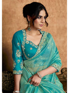 Green Zari Organza Satin Woven Work Party Wear Saree