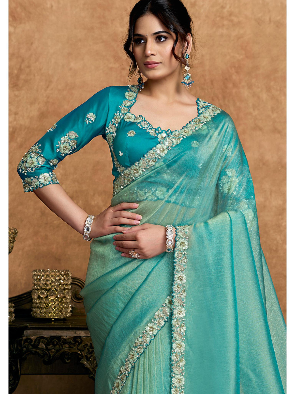 Green Zari Organza Satin Woven Work Party Wear Saree