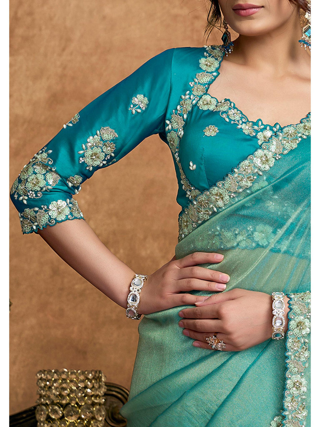Green Zari Organza Satin Woven Work Party Wear Saree
