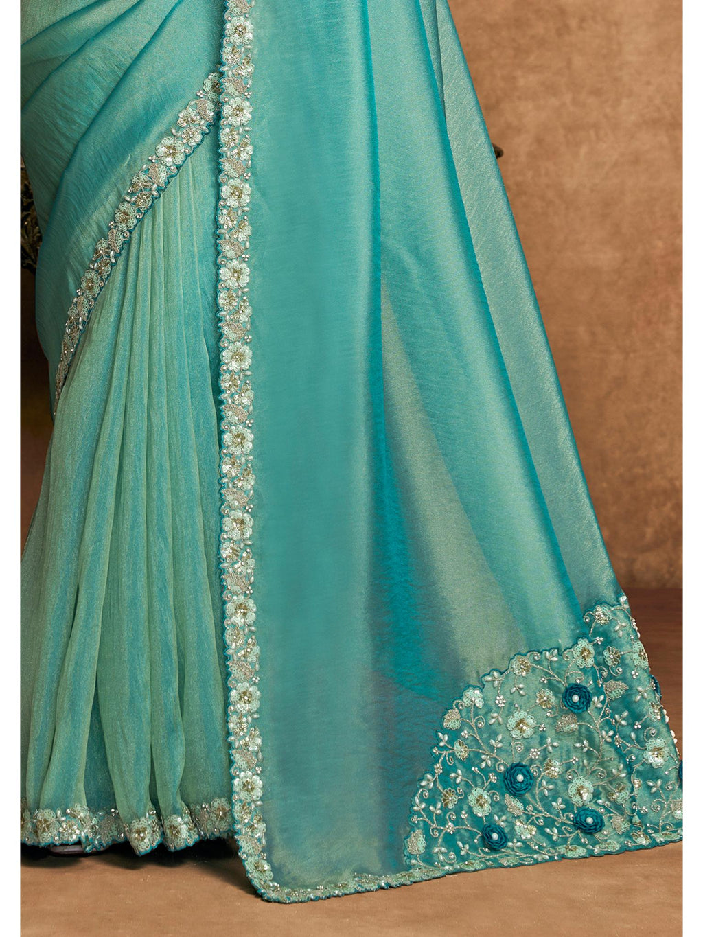 Green Zari Organza Satin Woven Work Party Wear Saree