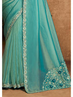 Green Zari Organza Satin Woven Work Party Wear Saree
