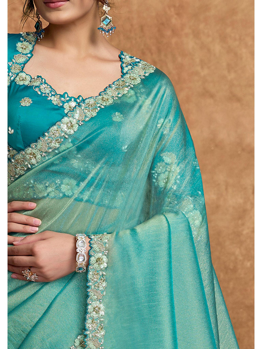Green Zari Organza Satin Woven Work Party Wear Saree