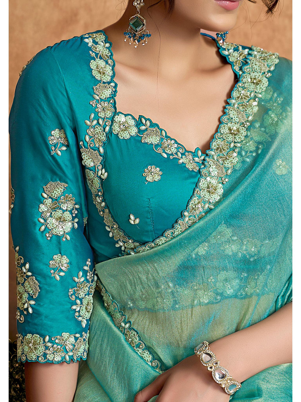 Green Zari Organza Satin Woven Work Party Wear Saree